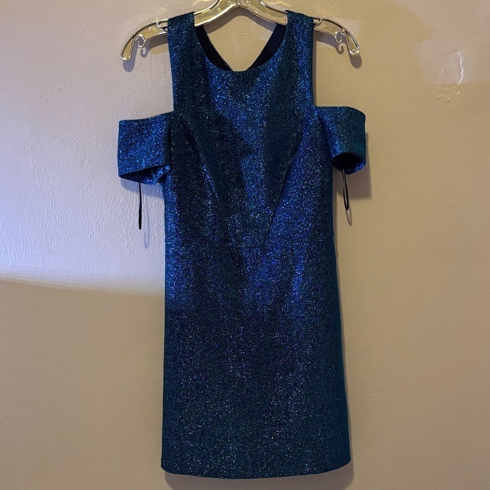 Topshop Blue Glitter Cold-Shoulder Mini Dress